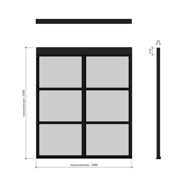 douglas steellook glaswand a 845x2300 + stelkozijnset zwart gespoten (incl. gelaagd enkelglas) (kopie)