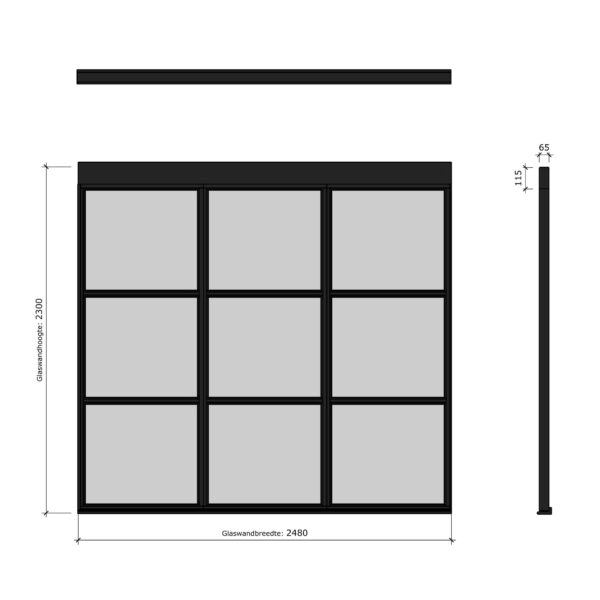 douglas steellook glaswand p 1980x2300 + stelkozijnset zwart gespoten (incl. gelaagd enkelglas) (kopie)
