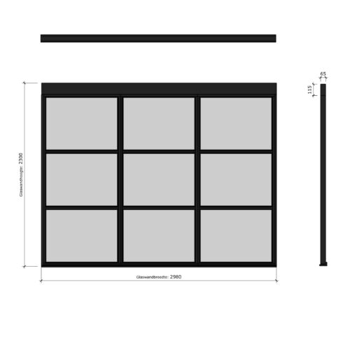 douglas steellook glaswand k 2480x2300 + stelkozijnset zwart gespoten (incl.gelaagd enkelglas) (kopie)