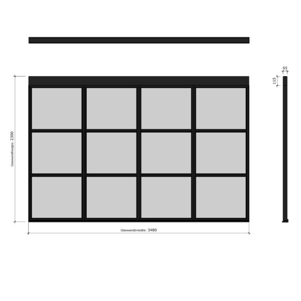 douglas steellook glaswand r 2980x2300 + stelkozijnset zwart gespoten (incl.gelaagd enkelglas) (kopie)