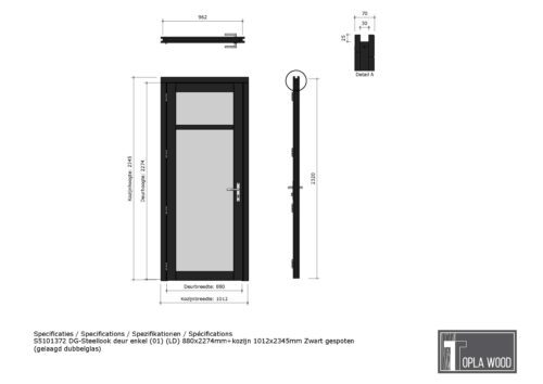 steellook deur enkel (01) (ld) 880x2274mm+kozijn 1012x2345mm zwart gespoten (gelaagd dubbelglas)