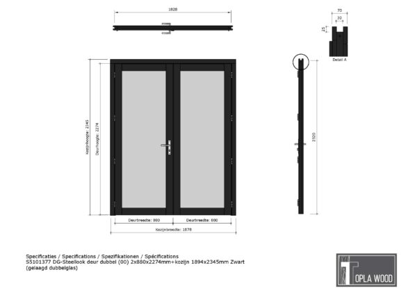 steellook deur dubbel (00) 2x880x2274mm+kozijn 1878x2345mm zwart (gelaagd dubbelglas)