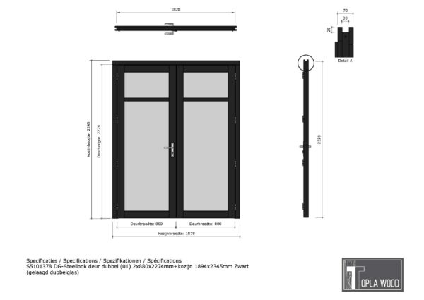 steellook deur dubbel (00) 2x880x2274mm+kozijn 1878x2345mm zwart (gelaagd dubbelglas) (kopie)