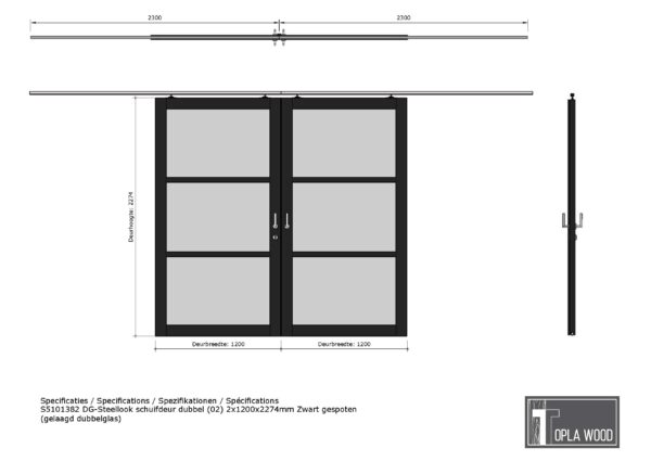 steellook schuifdeur dubbel (00) 2x1200x2274mm zwart gespoten (gelaagd dubbelglas) (kopie)