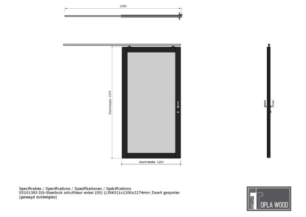 steellook schuifdeur enkel (00) (links)1x1200x2274mm zwart gespoten (gelaagd dubbelglas)