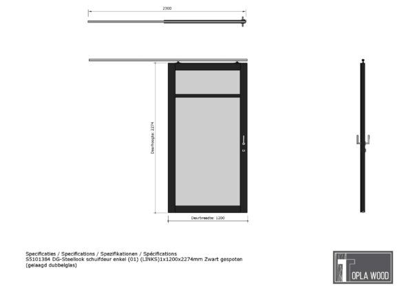 steellook schuifdeur enkel (01) (links)1x1200x2274mm zwart gespoten (gelaagd dubbelglas)