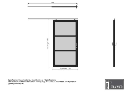 steellook schuifdeur enkel (02) (links)1x1200x2274mm zwart gespoten (gelaagd dubbelglas)