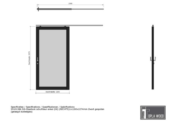 steellook schuifdeur enkel (00) (rechts)1x1200x2274mm zwart gespoten (gelaagd dubbelglas)