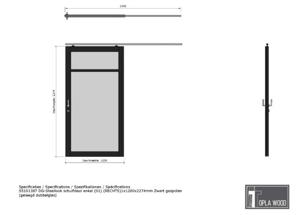 steellook schuifdeur enkel (01) (links)1x1200x2274mm zwart gespoten (gelaagd dubbelglas) (kopie)