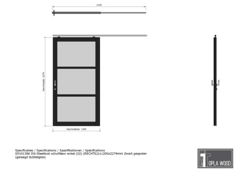 steellook schuifdeur enkel (02) (links)1x1200x2274mm zwart gespoten (gelaagd dubbelglas) (kopie)