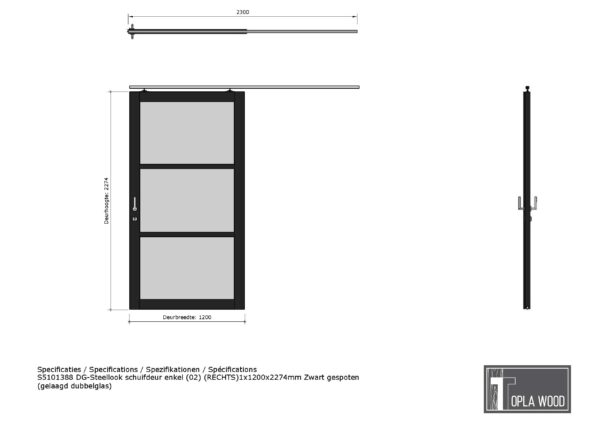 steellook schuifdeur enkel (02) (links)1x1200x2274mm zwart gespoten (gelaagd dubbelglas) (kopie)