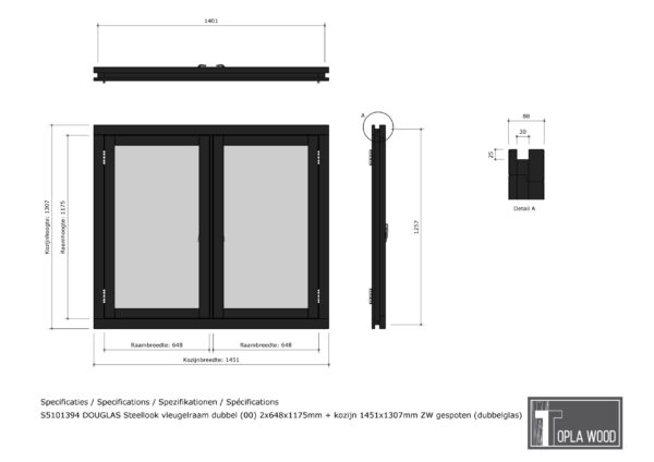 steellook vleugelraam dubbel (00) 2x648x1175mm + kozijn 1451x1307mm zw gespoten (dubbelglas)