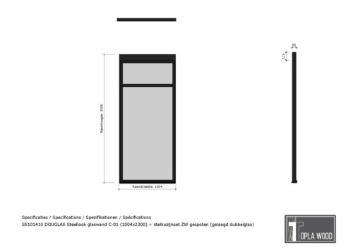 douglas steellook glaswand c 00 (1004x2300) + stelkozijnset zw gespoten (gelaagd dubbelglas) (kopie)