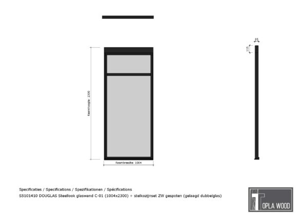 douglas steellook glaswand c 00 (1004x2300) + stelkozijnset zw gespoten (gelaagd dubbelglas) (kopie)