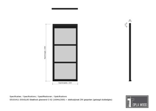 douglas steellook glaswand c 01 (1004x2300) + stelkozijnset zw gespoten (gelaagd dubbelglas) (kopie)