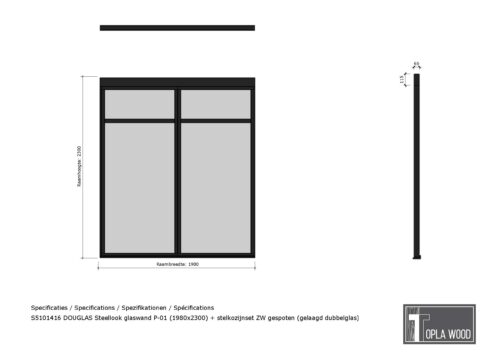 douglas steellook glaswand p 00 (1980x2300) + stelkozijnset zw gespoten (gelaagd dubbelglas) (kopie)