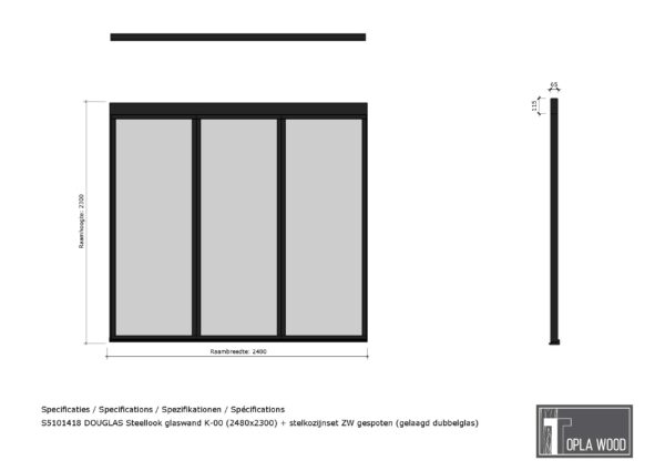 douglas steellook glaswand k 00 (2480x2300) + stelkozijnset zw gespoten (gelaagd dubbelglas)