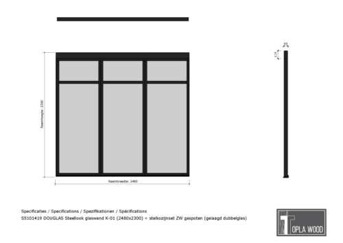 douglas steellook glaswand k 01 (2480x2300) + stelkozijnset zw gespoten (gelaagd dubbelglas)