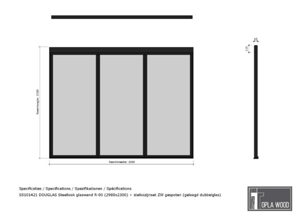 douglas steellook glaswand r 00 (2980x2300) + stelkozijnset zw gespoten (gelaagd dubbelglas)