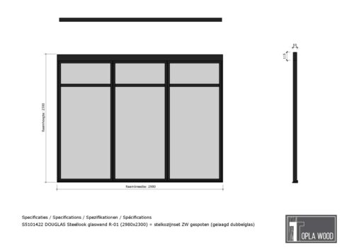douglas steellook glaswand r 00 (2980x2300) + stelkozijnset zw gespoten (gelaagd dubbelglas) (kopie)