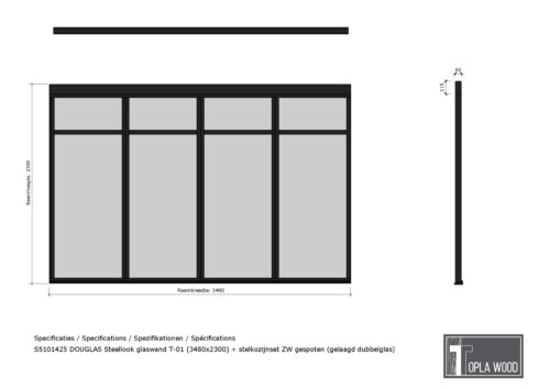 douglas steellook glaswand t 00 (3480x2300) + stelkozijnset zw gespoten (gelaagd dubbelglas) (kopie)