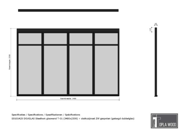douglas steellook glaswand t 00 (3480x2300) + stelkozijnset zw gespoten (gelaagd dubbelglas) (kopie)