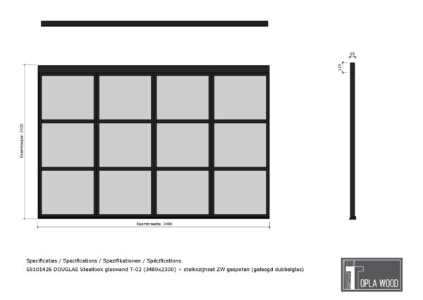 douglas steellook glaswand v 01 (3935x2300) + stelkozijnset zw gespoten (gelaagd dubbelglas) (kopie)
