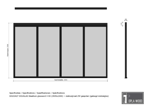 douglas steellook glaswand t 01 (3480x2300) + stelkozijnset zw gespoten (gelaagd dubbelglas) (kopie) (kopie)