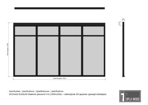 douglas steellook glaswand v 00 (3935x2300) + stelkozijnset zw gespoten (gelaagd dubbelglas) (kopie)