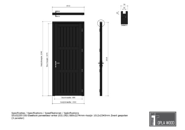 steellook paneeldeur enkel (03) (rd) 880x2274mm+kozijn 1012x2345mm zwart gespoten (3 panelen) (kopie)
