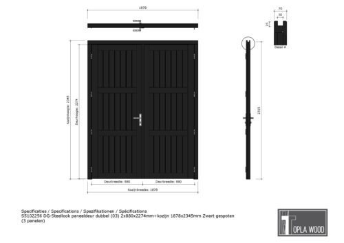 steellook paneeldeur dubbel (03) 2x880x2274mm+kozijn 1878x2345mm zwart (6 panelen)