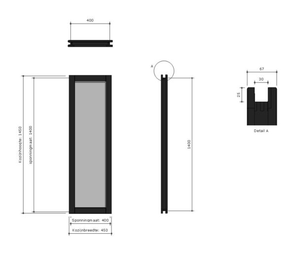 steellook zijlicht vastraam kozijnmaat 450x1450 sponningmaat 400x1400mm zwart gegrond (db glas)